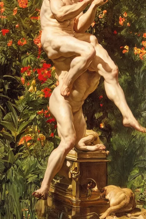 Prompt: the God Pan, golden hour, in a garden, artstation, by J. C. Leyendecker and Peter Paul Rubens,