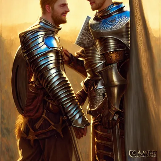 Image similar to attractive arthur pendragon and his favourite attractive male knight, they are in love, camelot, natural lighting, path traced, highly detailed, high quality, digital painting, by gaston bussiere and ross tran and j. c. leyendecker