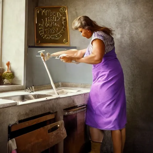 Image similar to a woman in a purple dress cleaning a kitchen, a stock photo by frieke janssens, shutterstock contest winner, feminist art, contest winner, stock photo, creative commons attribution