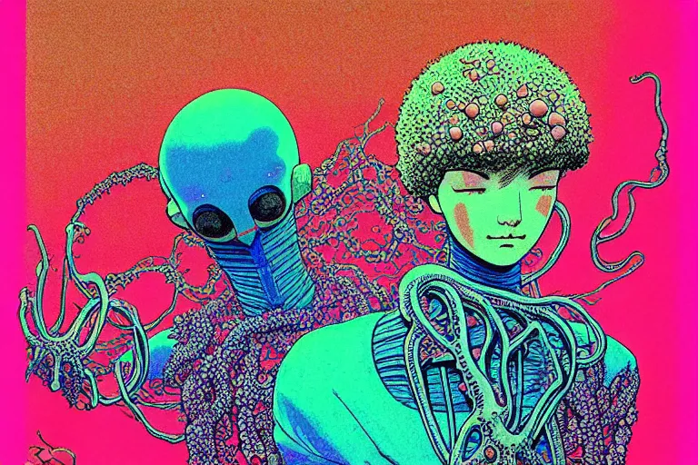 Prompt: risograph grainy drawing vintage sci - fi, satoshi kon color palette, gigantic gundam full - body covered in iridescent dead coral reef 1 9 6 0, kodak, with lot tentacles, natural colors, codex seraphinianus painting by moebius and satoshi kon and dirk dzimirsky close - up portrait