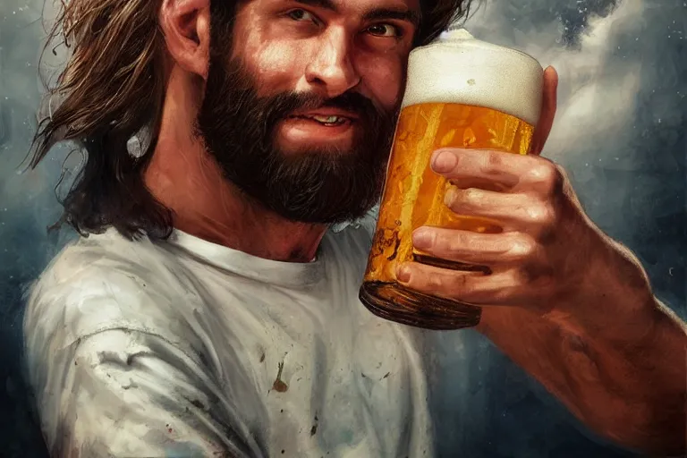 Image similar to a young man holding a beer giving a thumbs up with a long beard, 80s poster, detailed, uncropped, painted by Bastien Lecouffe-Deharme