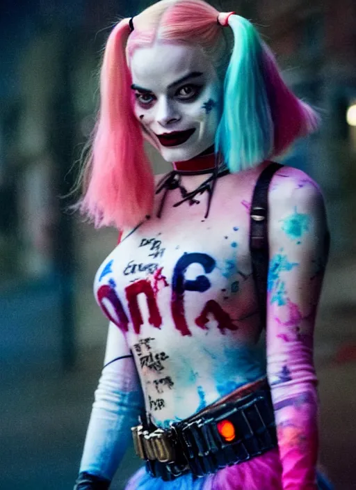 Prompt: 5 0 mm photo of beautiful suicide squad happy margot robbie with long white hair that looks like harley quinn standing on the wet street of dystopian gotham city at night, angry frown, seductive camisole, glamour fashion pose, watercolor, frank miller, moebius, jim lee, cinematic, ridley scott, lens flare, dramatic lighting, annie leibowitz