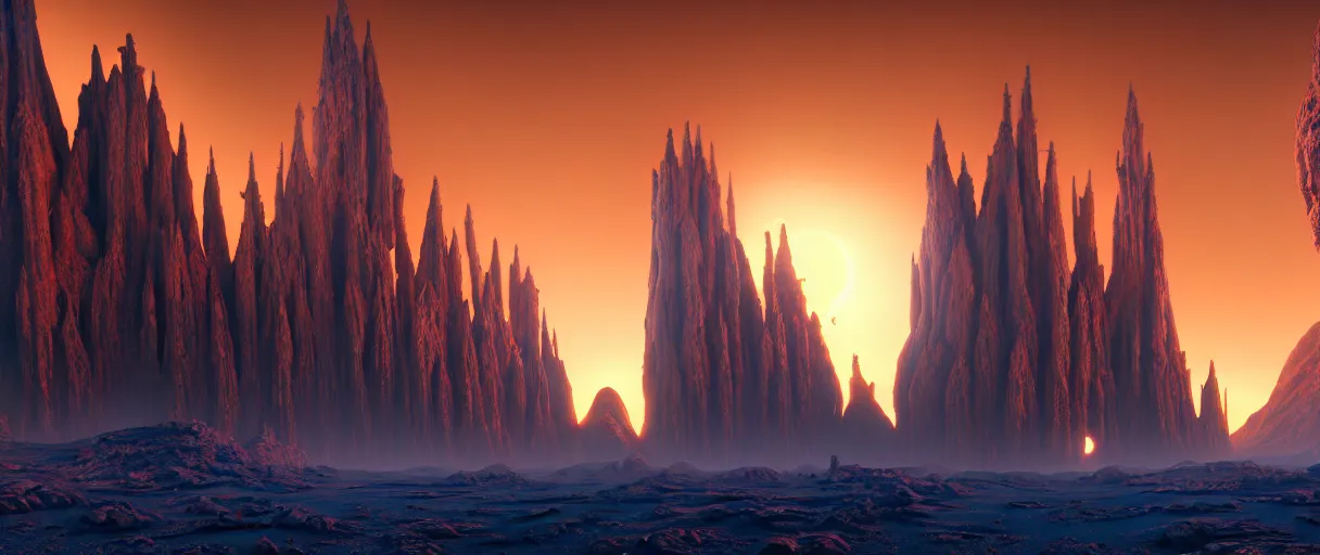 Image similar to hyperrealistic hyper detailed sunrise shot of neo-gothic monastery on mars surrounded by giant blue trees matte painting concept art maciej kuciara gustave courbet very cinematic orange lighting high angle hd 8k sharp shallow depth of field