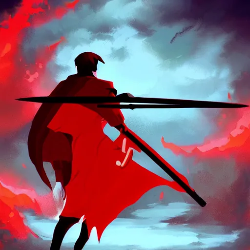 Prompt: red grim reaper holding his scythe in a red thunderstorm, cel shaded, anime art style, highly detailed