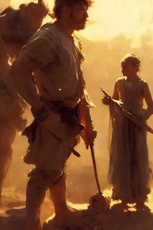 Image similar to portrait david and goliath by anders zorn, wonderful masterpiece by greg rutkowski, beautiful cinematic light, by greg manchess, jessica rossier