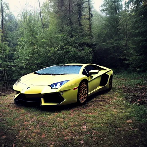Prompt: lamborghini aventador abandoned in the middle of a forest by the lake