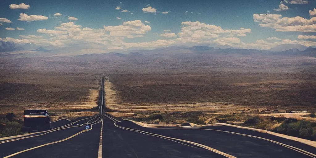 Image similar to “American highway in the style of Shawn Tan, capitalism, dystopian, mountain, desert, signs, future ”