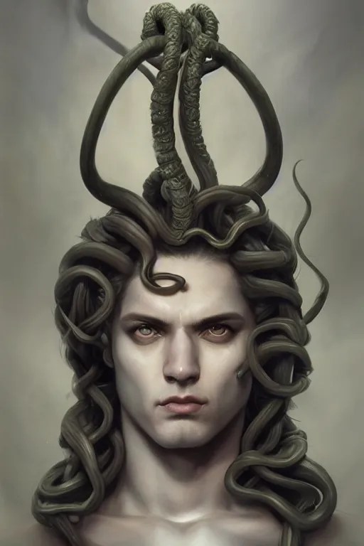 Prompt: portrait of a male medusa, by artgerm, tom bagshaw, gerald brom, 4 k, smooth, hd, substance designer render, full body character concept art, cel shading, toon shading, vaporwave colors,