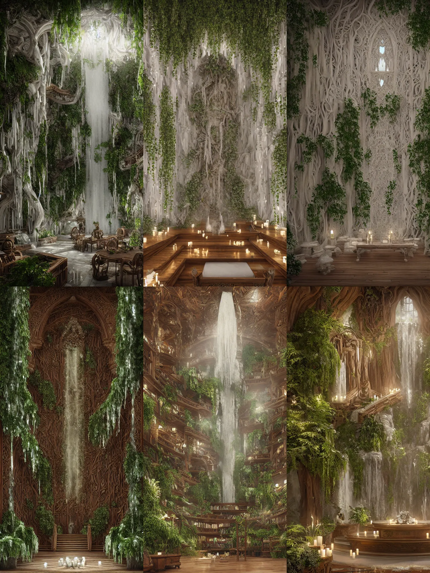 Prompt: interior view, magical white futuristic elven library, expansive grand scale, with ornate detail carved in mahogany timber, next to a waterfall, plants, greenery, white flowers, hanging vines, candles, glowing sprites, fibonacci composition, photorealistic, 8 k, god rays, highly detailed, octane render, unreal engine