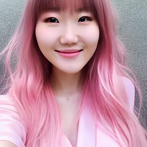 Prompt: beautiful hyperrealism selfie of nikki 苏 暖 暖 from shining nikki, a cute 3 d young woman smiling sofly, long light pink hair and full bangs, flushed face, small heart - shaped face, soft features, amber eyes, chinese heritage, golden hour, 8 k, sharp focus, instagram