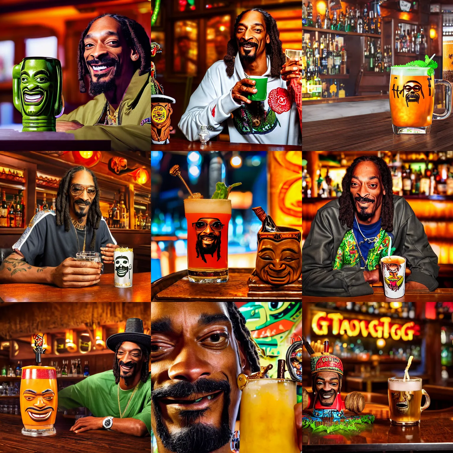 Prompt: a closeup photorealistic photograph of happy snoop dogg at trader vic's bar with a tiki mug that features snoop dogg's face. brightly lit scene. this 4 k hd image is trending on artstation, featured on behance, well - rendered, extra crisp, features intricate detail, epic composition and the style of unreal engine.