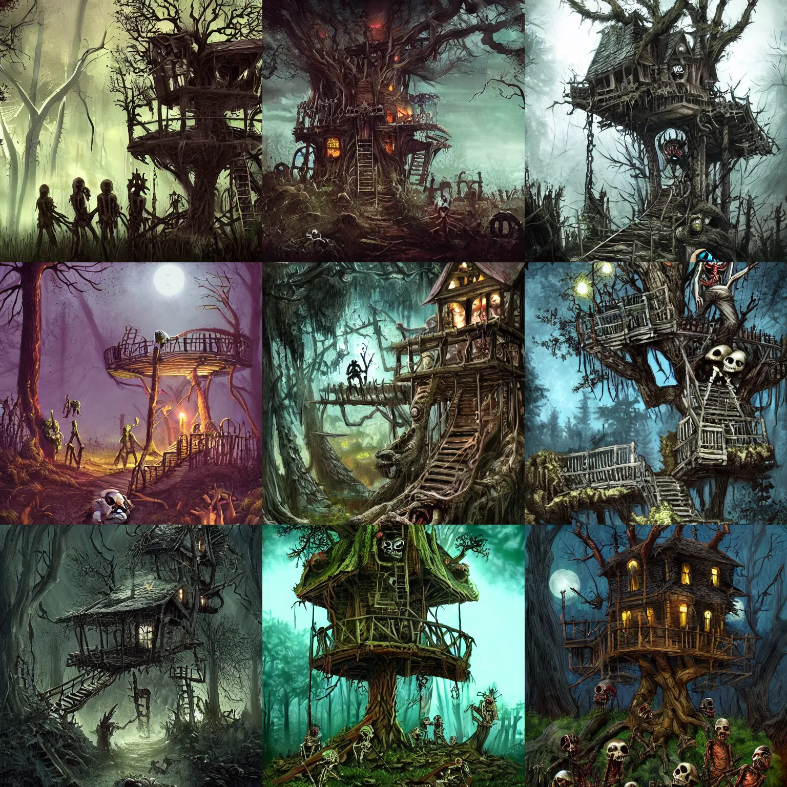 Prompt: zombies and skeletons attacking a tree house in a beautiful forest, night, fantasy art, conceptart, artstation
