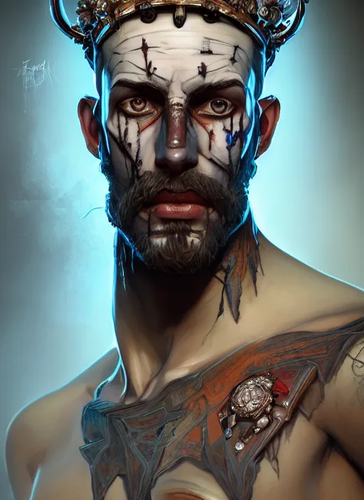 Image similar to symmetry!! portrait of crowned! borderlands 3 ( male ) psycho, ( beard ) ( scars ) ( wounds ) ( piercings ), intricate, elegant, highly detailed, digital painting, artstation, concept art, smooth, sharp focus, illustration, art by artgerm and greg rutkowski and alphonse mucha, 8 k