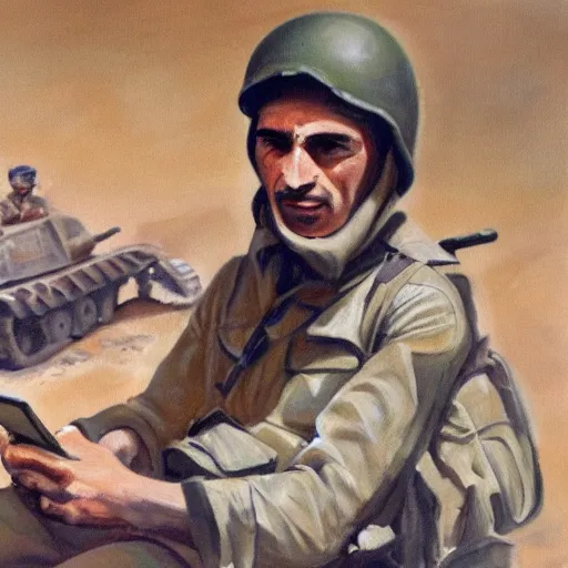 Image similar to medium shot painting of an italian soldier texting a letter to his beloved in wwII, behind him the desert of El Alamein