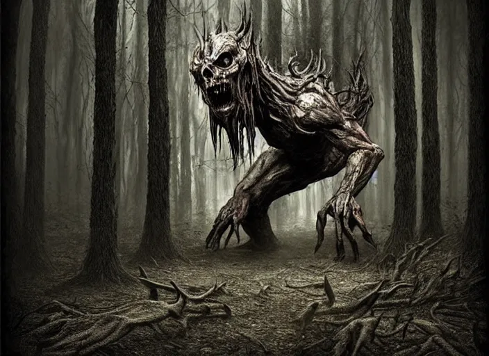 Image similar to an incredibly scary and very very unique monster creature of evil nature, ancient folk legend in the forest, hyperrealistic concept art, extremely creative, sepia photography