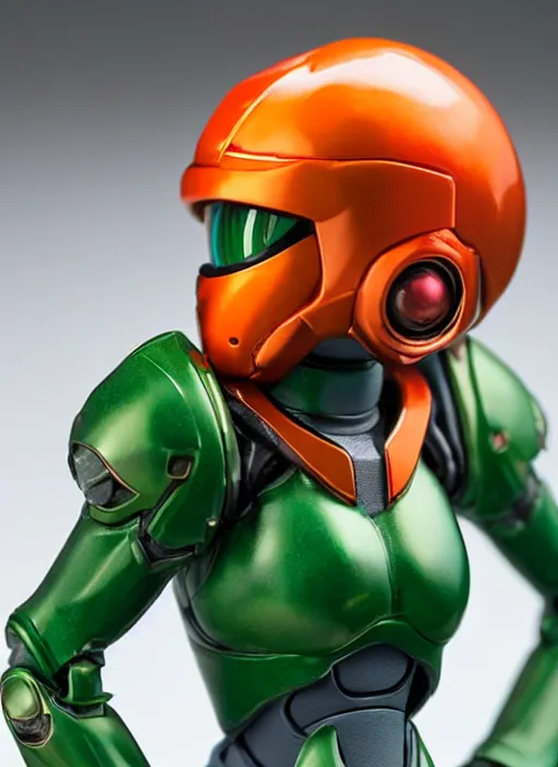 Image similar to helmet portrait of a figurine of samus aran's varia power suit from the sci - fi nintendo videogame metroid. designed by hiroji kiyotake. glossy. red round helmet, orange shoulder pads, green visor. shallow depth of field. suit of armor.