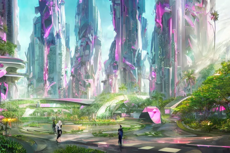 Prompt: futuristic cyberpunk city with Singaporean lush garden with royal white and pink and white and luxurious gold colors, advanced civilization, high-end onsen, Antelope canyon, rocks formed by water erosion, walls made of beautiful smooth sandstone light beams that shine, polish narrow slots of walls into a striated swirling finish, digital painting, concept art, smooth, sharp focus, from Star Trek 2021, illustration, by WLOP and Ruan Jia and Mandy Jurgens and William-Adolphe Bouguereau, Artgerm