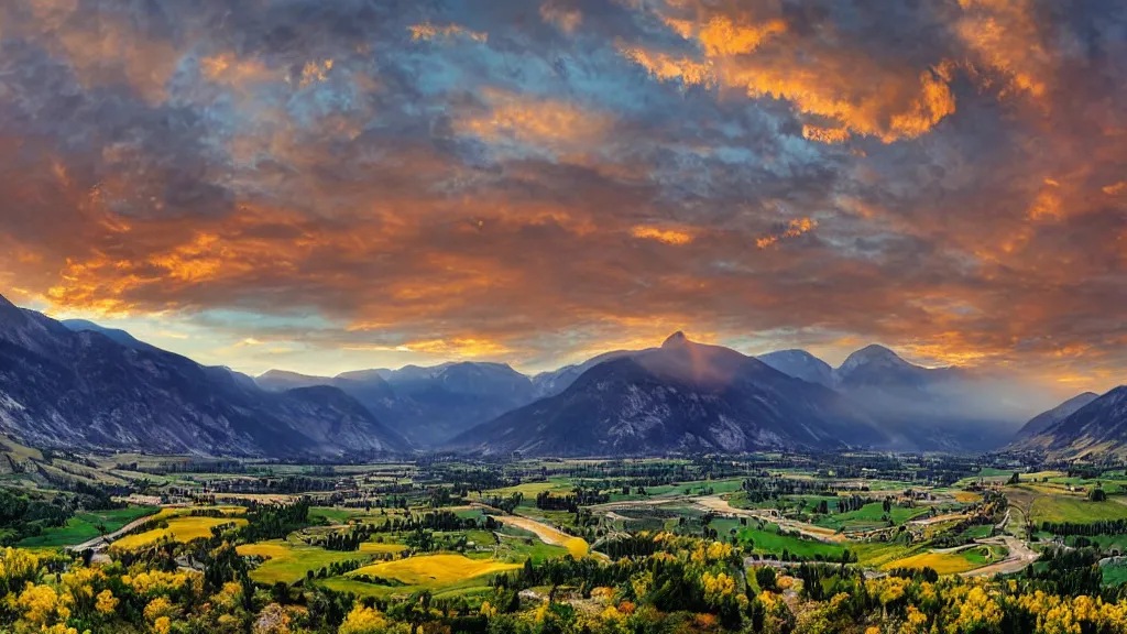 Prompt: The most beautiful panoramic landscape, oil painting, where the mountains are towering over the valley below their peaks shrouded in mist. The sun is just peeking over the horizon producing an awesome flare and the sky is ablaze with warm colors and stratus clouds. The river is winding its way through the valley to an italian village and the trees are starting to turn yellow and red, by Greg Rutkowski, aerial view