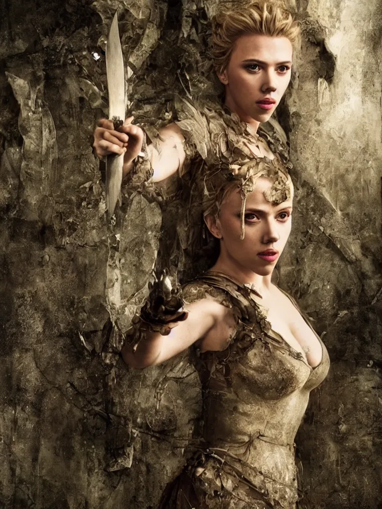 Prompt: portrait of scarlett johansson as a fairy medieval in a ruined castle holding a knife, decolletage, confident pose, coherent, insane detail, concept art, character concept, cinematic lighting, global illumination radiating a glowing aura