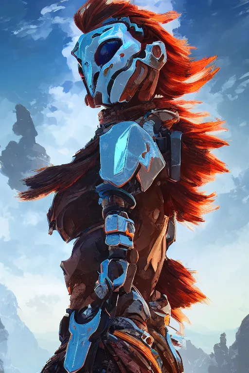 Image similar to combination suit armor aloy horizon forbidden west horizon zero dawn radiating a glowing aura global illumination ray tracing hdr fanart arstation by ian pesty and alena aenami artworks in 4 k tribal robot ninja mask helmet backpack