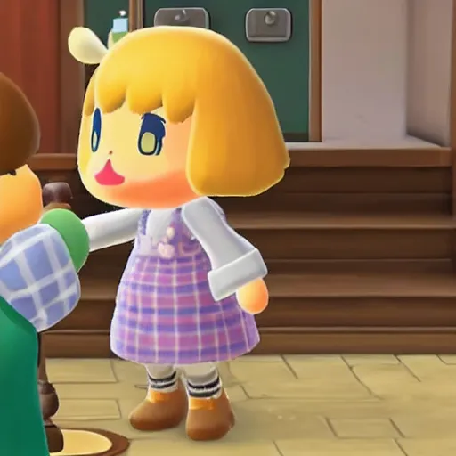 Prompt: isabelle from animal crossing visiting a blond woman that just gave birth in a hospital room