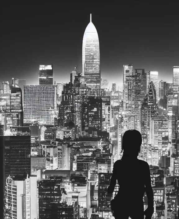 Image similar to human standing on top of the building, watching the city at night, skyline shining on the background, noir comics style, sharp focus, less detailed, 8 k, high resolution