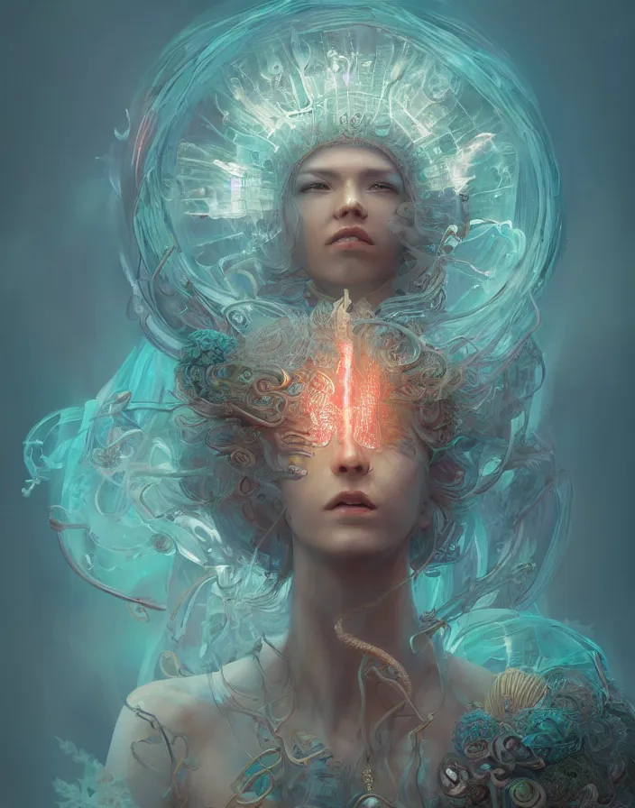 Image similar to goddess portrait. jellyfish phoenix head. intricate artwork by Tooth Wu and wlop and beeple. octane render, trending on artstation, greg rutkowski very coherent symmetrical artwork. cinematic, hyper realism, high detail, octane render, 8k, matte painting, peter mohrbacher, 3d