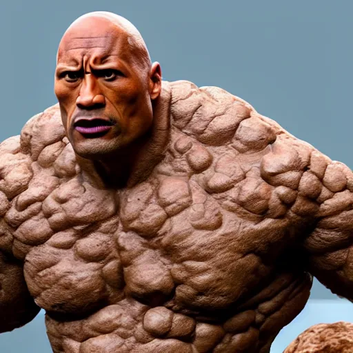 Image similar to dwayne johnson is a boulder rock made of stone, the thing from fantastic 4, octane render, 8 k cinematic still, highly detailed, sculpted in zbrush, textured in substance painter, featured on artstation