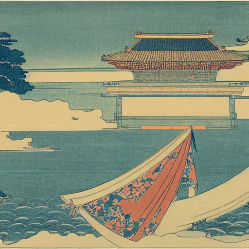 Prompt: Palace by the sea by Hokusai,