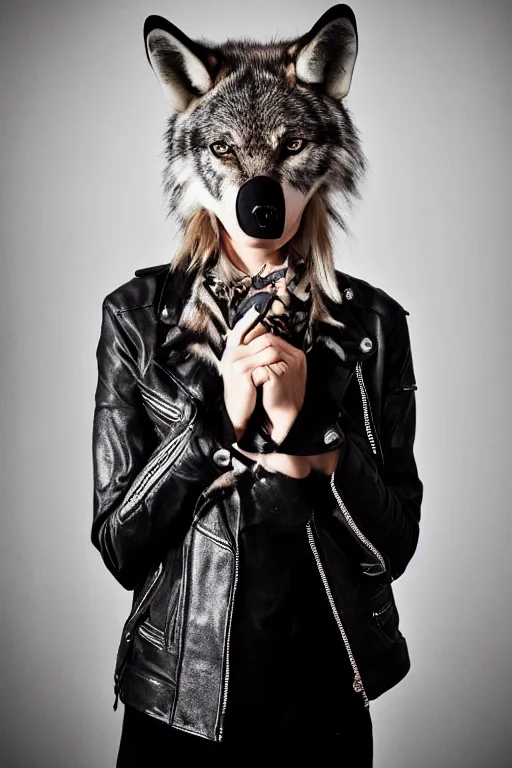 Image similar to professional photographic portrait of a punk girl in a leather jacket wearing a wolf's head over her face, fashion magazine shoot, cool punk with wolf on her head