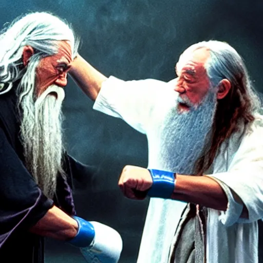 Prompt: photo of gandalf vs dumbledore boxing match