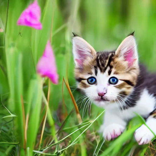 Prompt: cute hybrid between a puppy and a kitten playing with a butterfly in tall grass, highly detailed, shallow focus, canon eos 5d 50mm f1.4