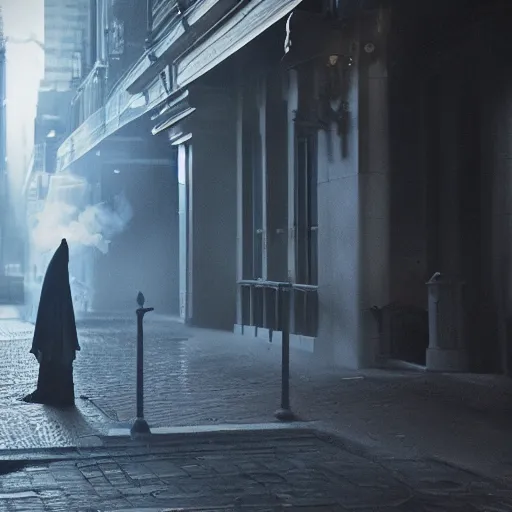 Image similar to ghost under a sheet smoking a cigarette, haunting a NYC sidewalk, trending on artstation, 8k, 4k, volumetric lighting, award-winning, cinematic composition, hd, spooky