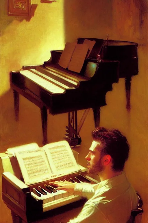 Image similar to attractive male, playing piano, low - key lighting, vaporwave, painting by gaston bussiere, craig mullins, j. c. leyendecker