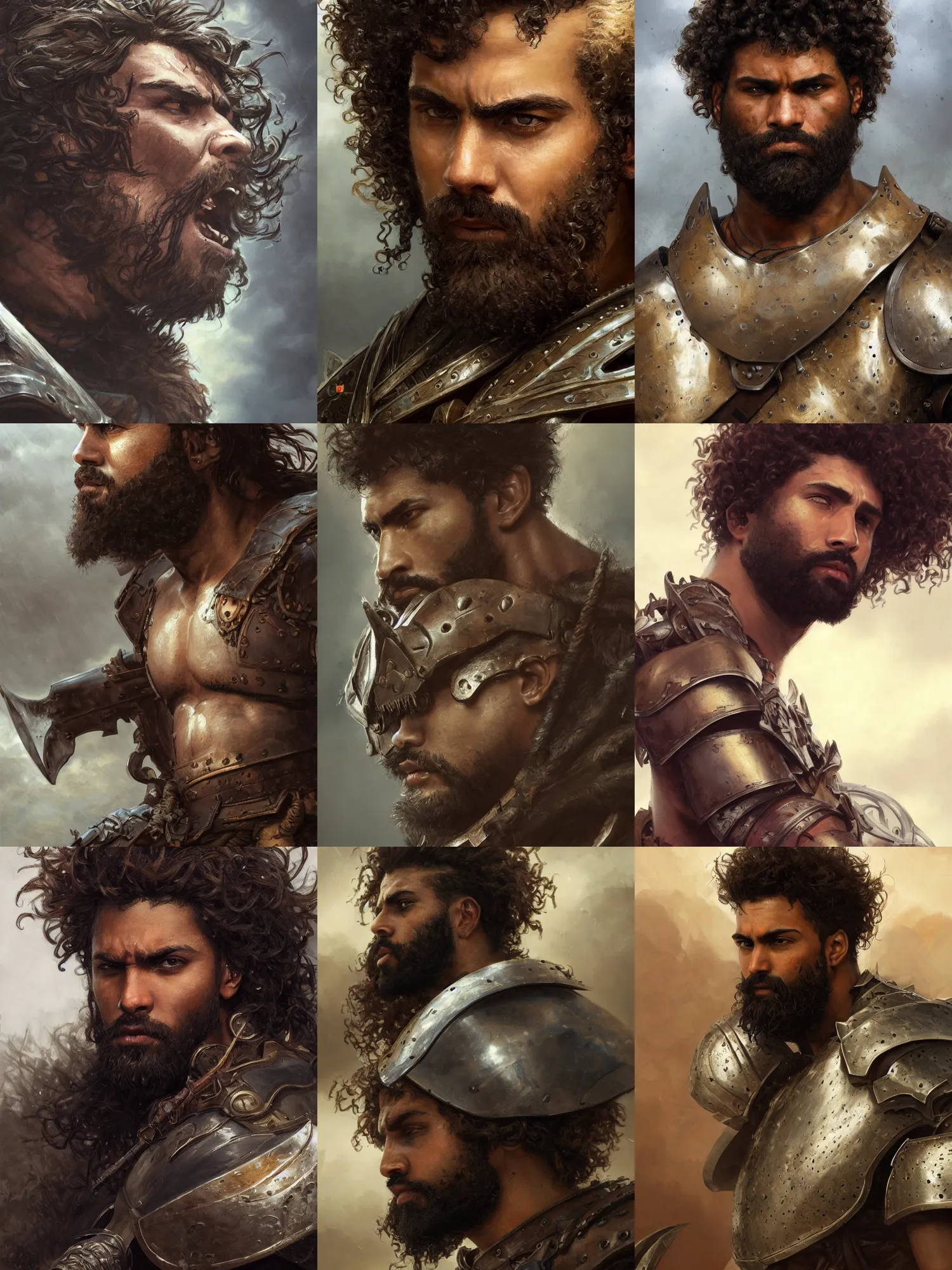 Prompt: close up picture of a male warrior looking at the sky, angry, sad, burly, black plate armor, simple, brown skin, messy curly hair, unkempt beard, highly detailed, detailed face, smooth, sharp focus, chiaroscuro, digital painting, artgerm, greg rutkowski, alphonse mucha