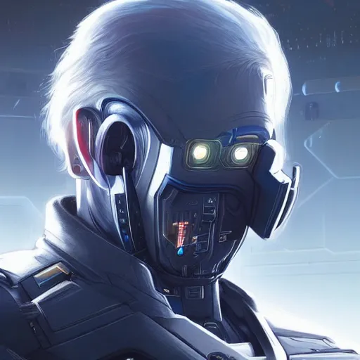 Image similar to Cyber Joe Biden in a Starcitizen loading screen, intricate, dystopian, fantasy, extremely detailed, digital painting, artstation, concept art, smooth, sharp focus, illustration, stark lighting, incredible art by artgerm and greg rutkowski and alphonse mucha and simon stalenhag