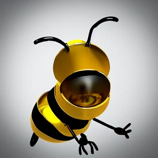 Prompt: 3d bee made of metal, shiny, playing drums onstage