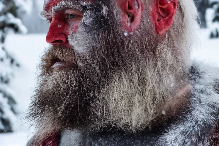 Image similar to vfx movie tough bald man in furs, natural grizzled skin, streaks of red face paint grey beard, holding two detailed viking axes, in snowy tahoe by emmanuel lubezki