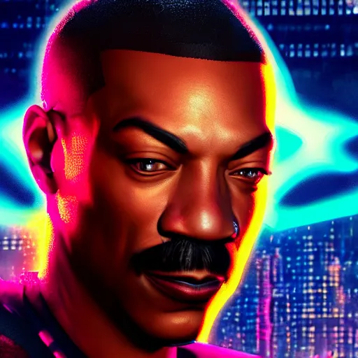 Prompt: eddie murphy portrait, Cyberpunk 2077, cyberpsycho, photorealistic, ultra detailed, neon, octane, bokeh, cyber, cyberpunk city, feature, scars, cyberface, 8k