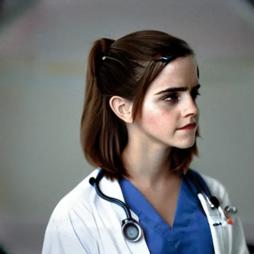 Image similar to emma watson, nurse scrubs, hospital, portrait, mid view head and shoulders, award winning, kodak ektachrome expired blue tint,