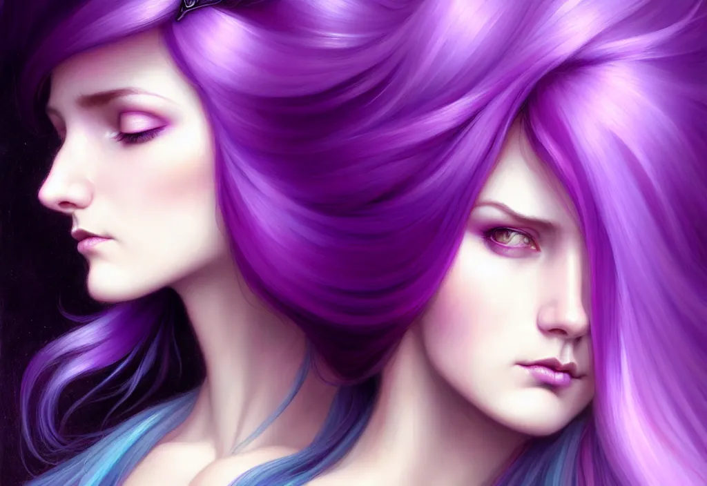 Image similar to Purple hair relistic Portrait of a two woman with bright colored flying hair, all shades of purple. Beauty face, Hair coloring, fantasy, intricate, elegant, highly detailed, digital painting, artstation, concept art, smooth, sharp focus, illustration, art by artgerm and greg rutkowski and alphonse mucha