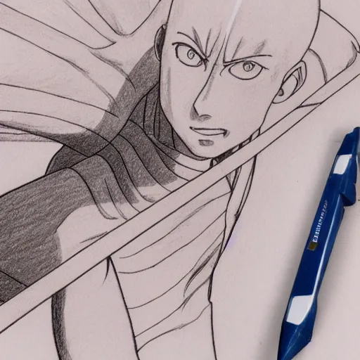 Prompt: schematic drawing of Saitama with pencils and triangle ruler lying next to the drawing