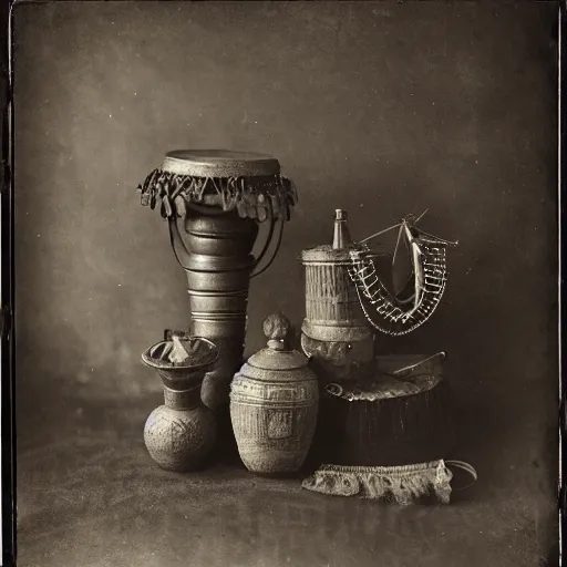 Prompt: Tintype photography of exotic objects, magic objects, ethnographic museum, indigenous, salvaje, nature and culture, 1920s studio lighting.