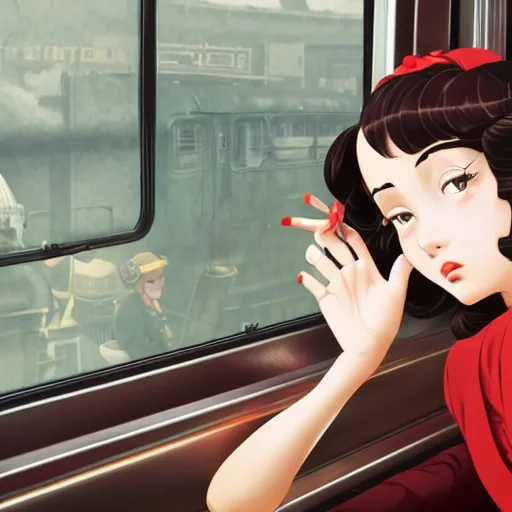 Image similar to portrait of a beautiful girl with dark hair dressed in 1940's fashion sitting in the interior of a train, looking outside the window beside her to the dieselpunk city outside of the window, rich vivid colors, ambient lighting, dynamic lighting, 4k, HQ, official media, anime key visual, makoto shinkai, ilya kuvshinov, lois van baarle, rossdraws, detailed, trending on artstation