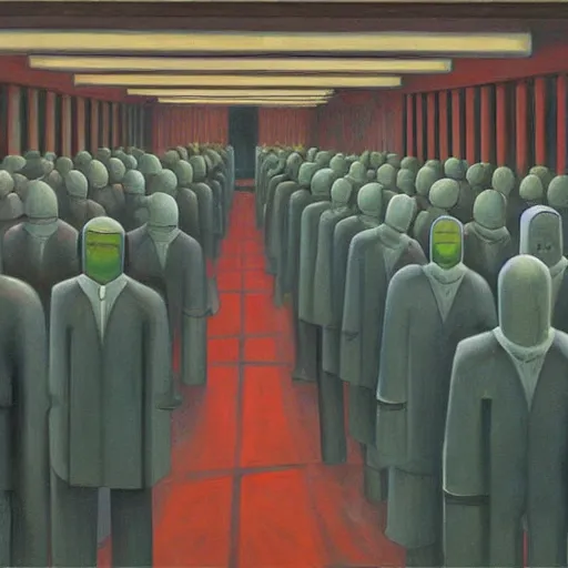 Image similar to robot bishop guards, endless cubicles, end times, grant wood, pj crook, edward hopper, oil on canvas