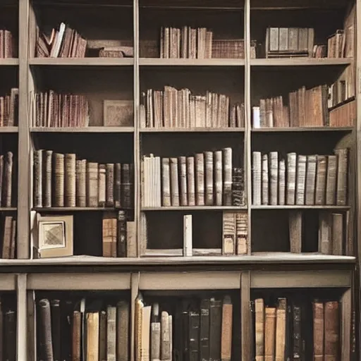 Prompt: Photoshop Request, please increase the brightness of this photo of a bookshelf in a crypt. This photo is too dark for me to see anything and there are no bright images. This photograph looks like it was taken inside a shadow.