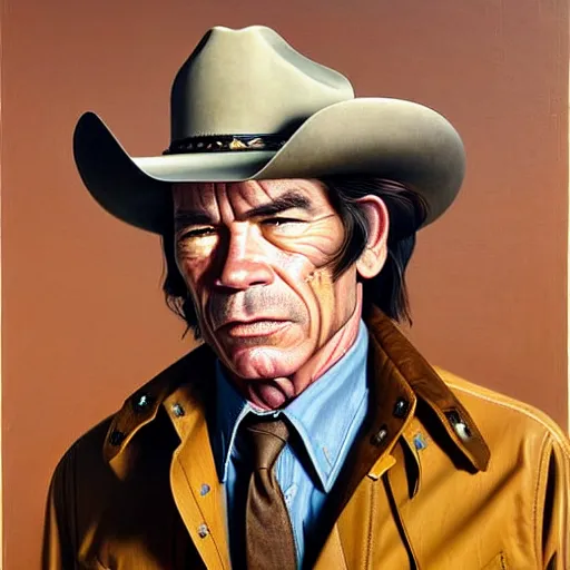 Image similar to portrait of tommy lee jones as sheriff ed tom bell in no country for old men. 7 0 s cowboy clothes and environment. flat colours. warm colours. oil painting by lucian freud. path traced, highly detailed, high quality, j. c. leyendecker, drew struzan tomasz alen kopera, peter mohrbacher, donato giancola