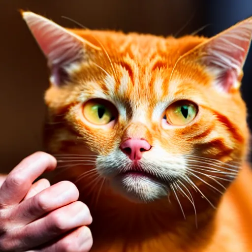 Prompt: orange tabby cat holds heart sign