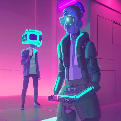 Image similar to cyberpunk rick and morty bot, cinema 4 d, galaxy space sci - fi, wearing vr goggles, illustration, portrait, pastel neon textured background night, trending on artstation, greg rutkowski, octane rendered, 1 2 k, detailed,