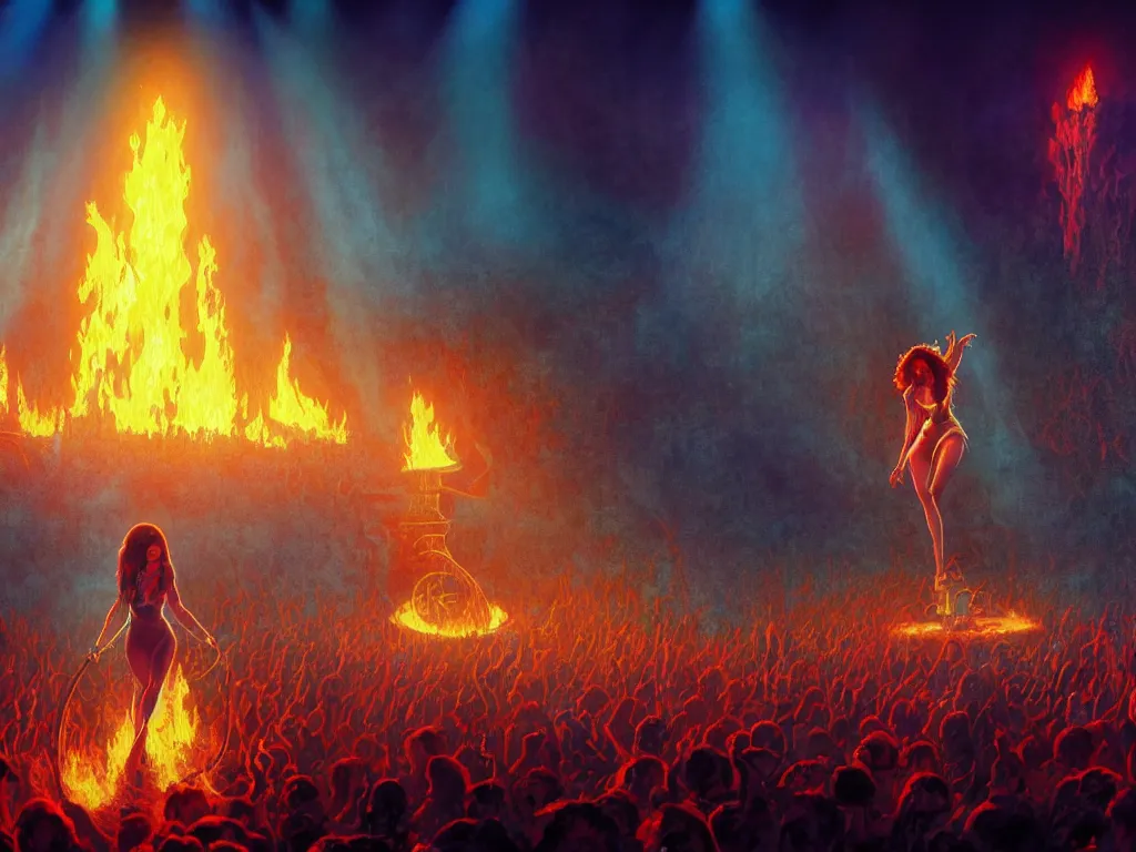 Prompt: live concert promotional photograph of a female rock singer in concert in hell, brightly lit stage centered and on fire, high contrast, stage lighting, pyrotechnics, ghibli animated film, volumetric lighting, octane render by stanley artgerm lau, greg rutkowski, thomas kindkade, alphonse mucha, loish, norman rockwel,